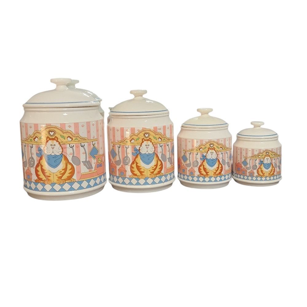 Vintage Lisa Berrett Canister Set 8 Piece 4 with Lids Country Tabby Cat
